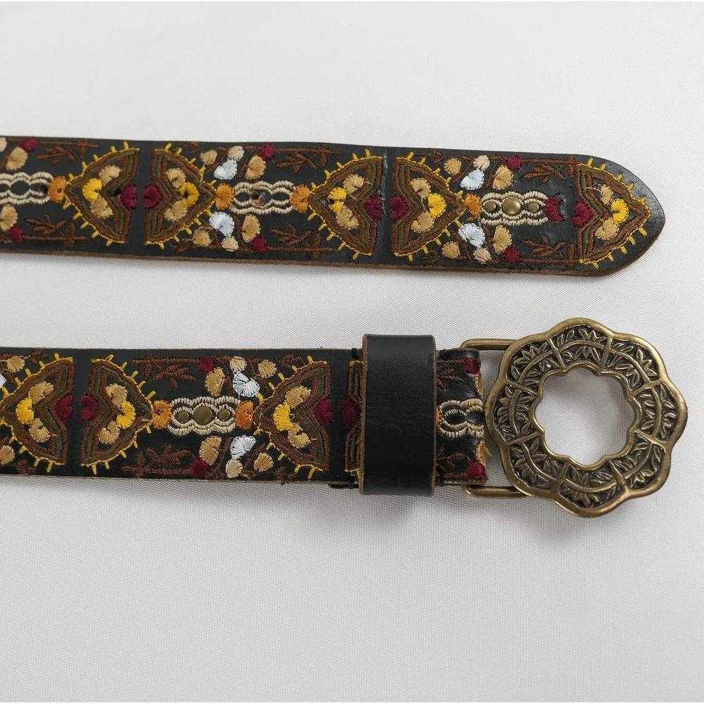 Lucky Brand Womens S Brown Leather Embroidered Boho Belt Bronze Buckle 29 31 33